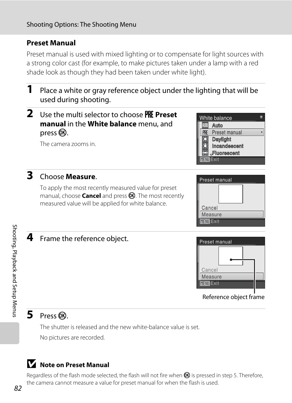 A 82), Preset manual, Choose measure | Frame the reference object, Press k | Nikon Coolpix L100 User Manual | Page 94 / 148