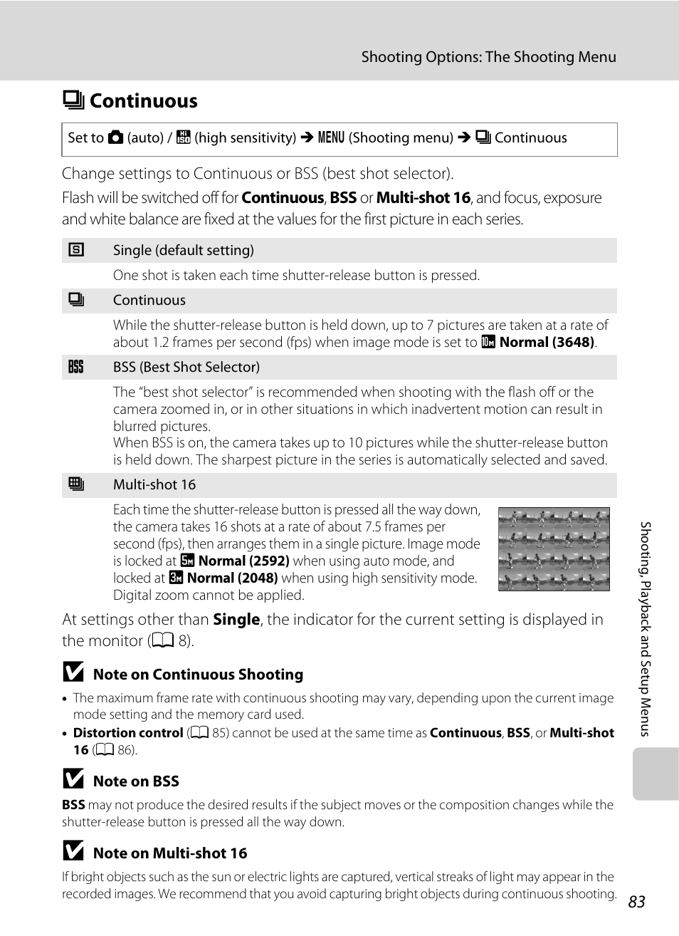 Continuous, C continuous, A 83) | A 83 | Nikon Coolpix L100 User Manual | Page 95 / 148