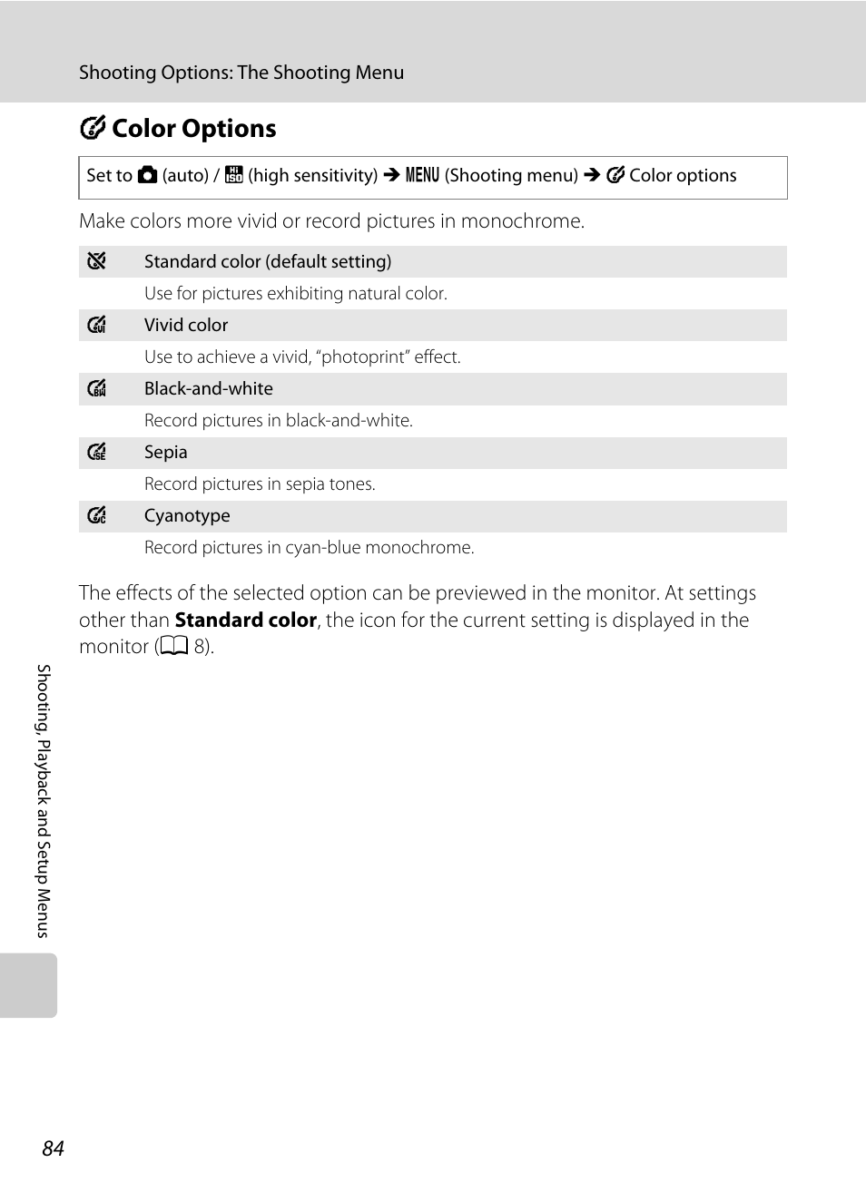 Color options, F color options, A 84 | Nikon Coolpix L100 User Manual | Page 96 / 148