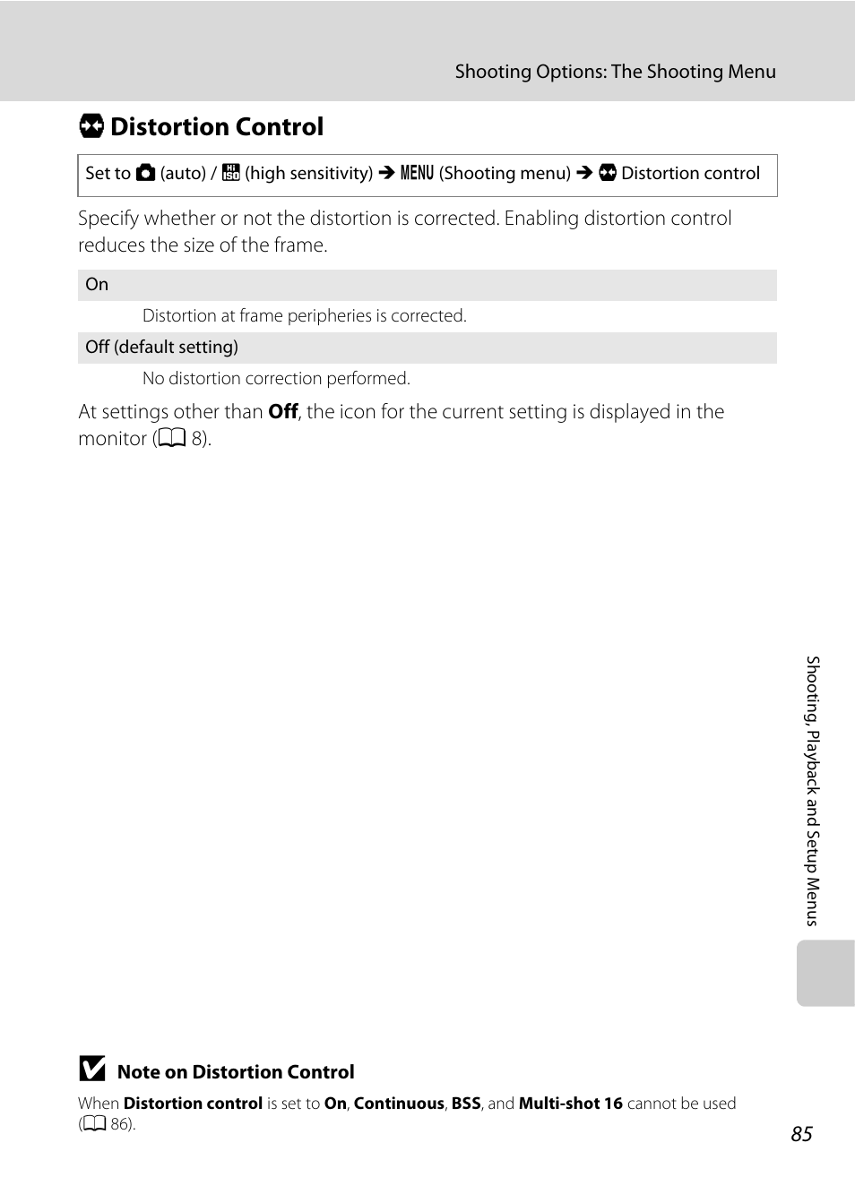 Distortion control, Q distortion control, A 85 | A 85) | Nikon Coolpix L100 User Manual | Page 97 / 148