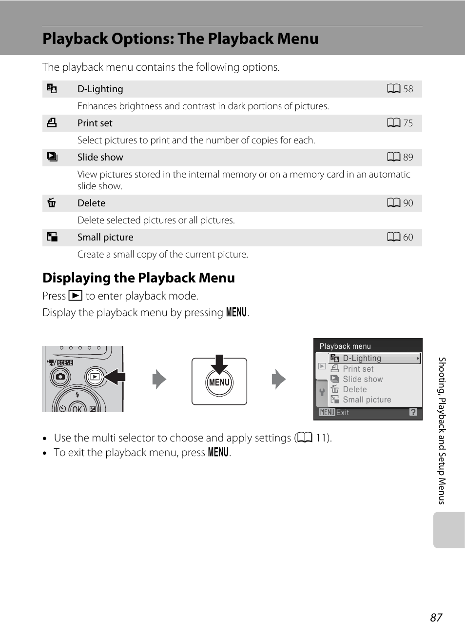 Playback options: the playback menu, Displaying the playback menu, A 87) | Nikon Coolpix L100 User Manual | Page 99 / 148