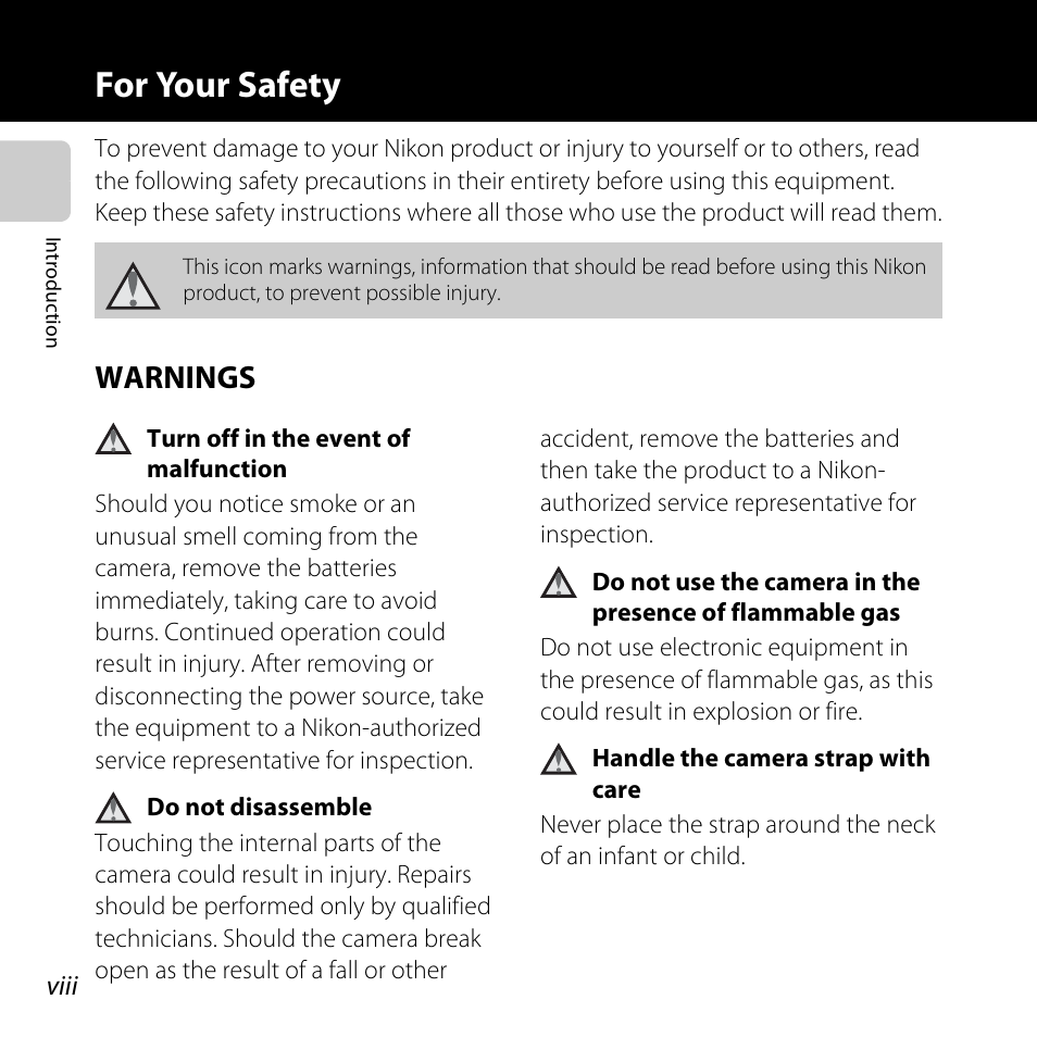 For your safety, Warnings, In “for your safety | A viii | Nikon Coolpix S30 User Manual | Page 10 / 194