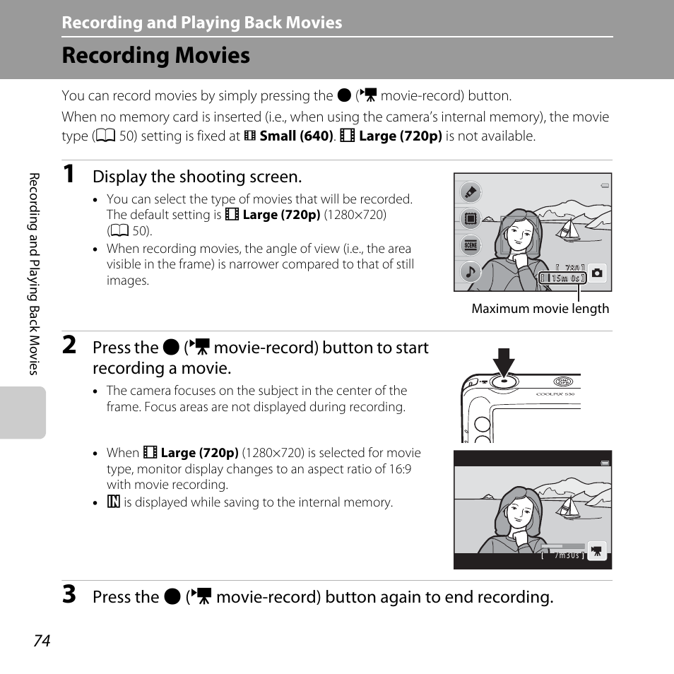 Recording movies, Recording and playing back movies, Display the shooting screen | Nikon Coolpix S30 User Manual | Page 100 / 194