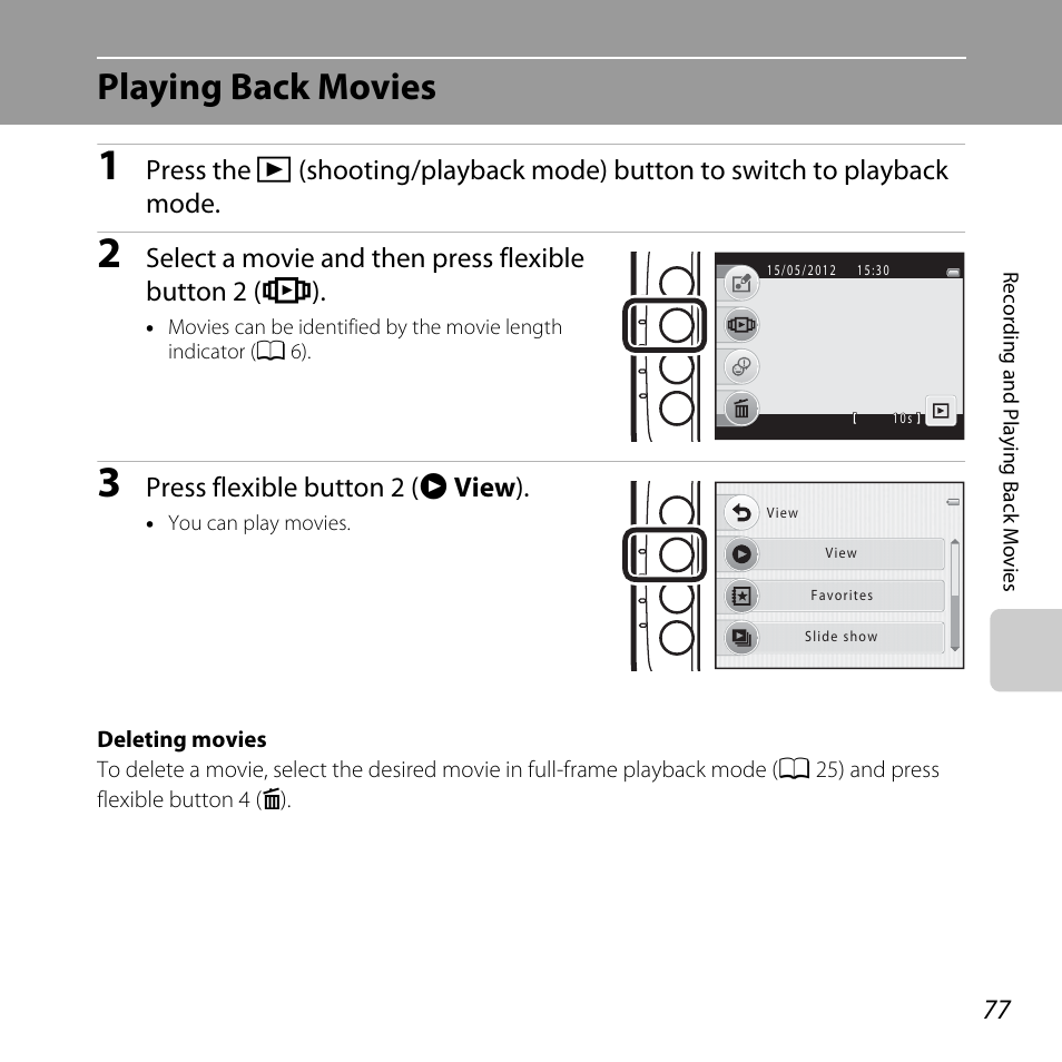 Playing back movies, A 77), Press flexible button 2 (a view ) | Nikon Coolpix S30 User Manual | Page 103 / 194