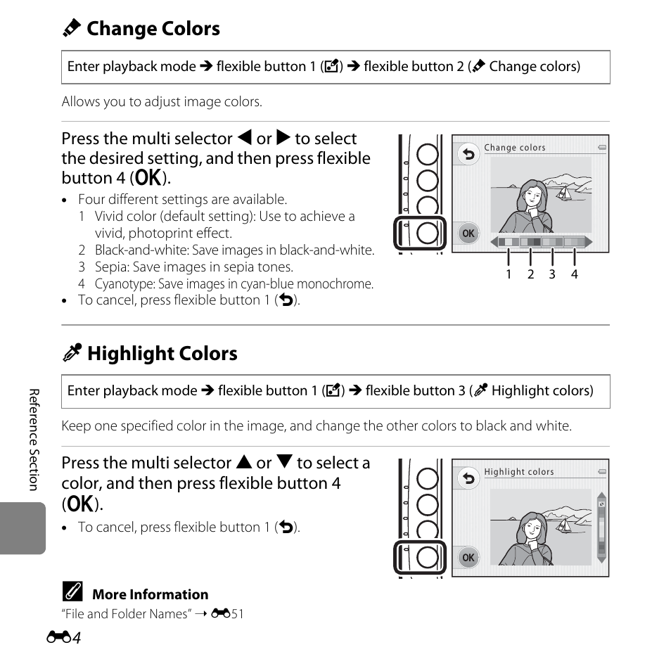 Change colors, Highlight colors, Ange colors (e4) | Ght colors (e4), D change colors, P highlight colors | Nikon Coolpix S30 User Manual | Page 110 / 194