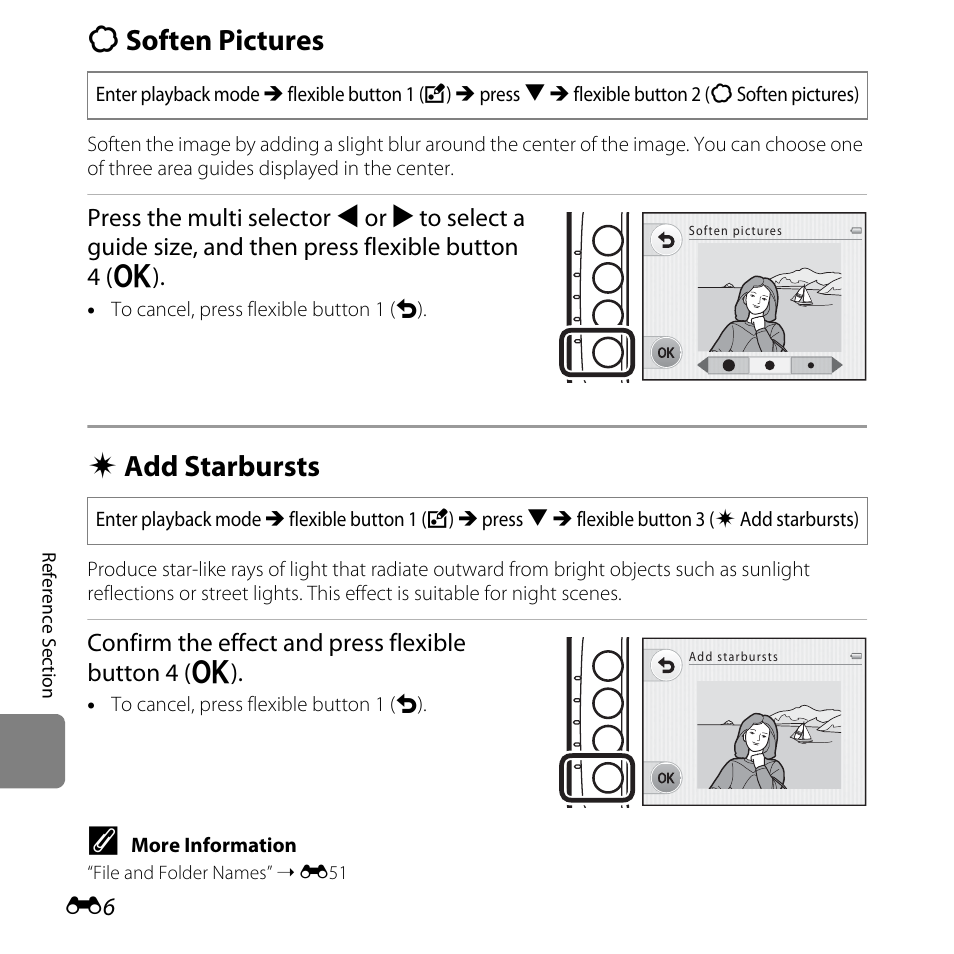 Soften pictures, Add starbursts, Ts (e6) | Q soften pictures, F add starbursts, Confirm the effect and press flexible button 4 (o) | Nikon Coolpix S30 User Manual | Page 112 / 194