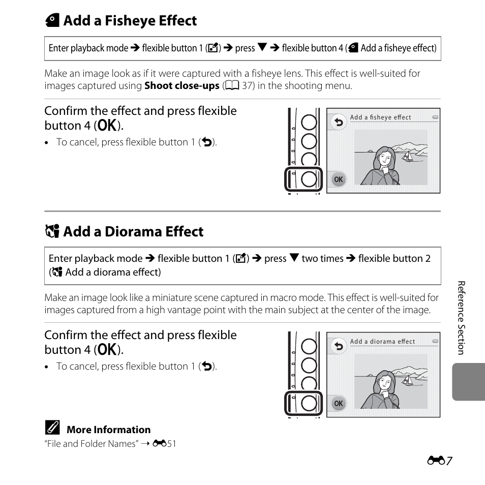 Add a fisheye effect, Add a diorama effect, W add a fisheye effect | M add a diorama effect, Confirm the effect and press flexible button 4 (o) | Nikon Coolpix S30 User Manual | Page 113 / 194