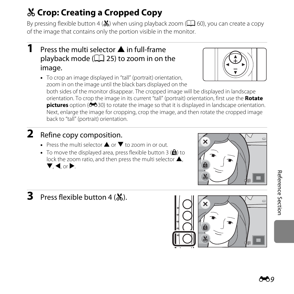 Crop: creating a cropped copy, H crop: creating a cropped copy....... e9, H crop: creating a cropped copy | Nikon Coolpix S30 User Manual | Page 115 / 194