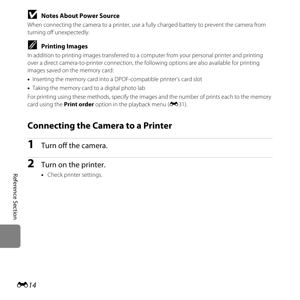 Connecting the camera to a printer, E14) | Nikon Coolpix S30 User Manual | Page 120 / 194