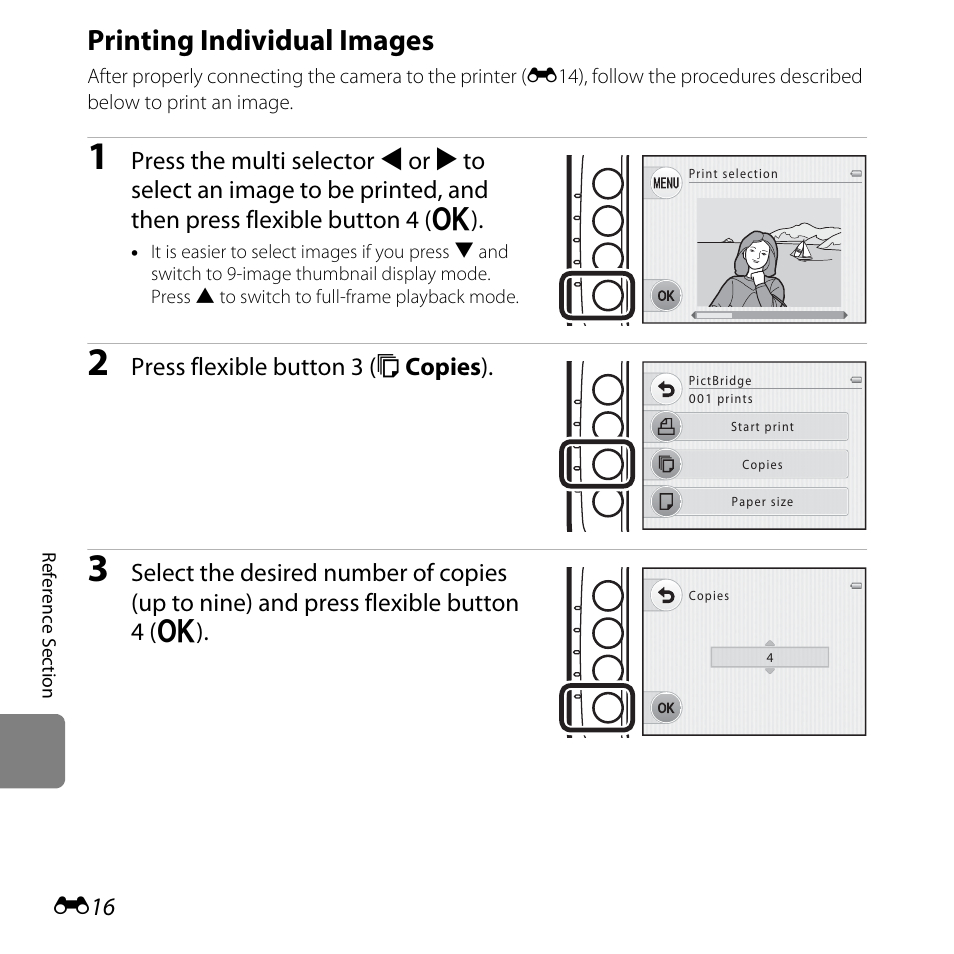 Printing individual images, E16), Press flexible button 3 (b copies ) | Nikon Coolpix S30 User Manual | Page 122 / 194