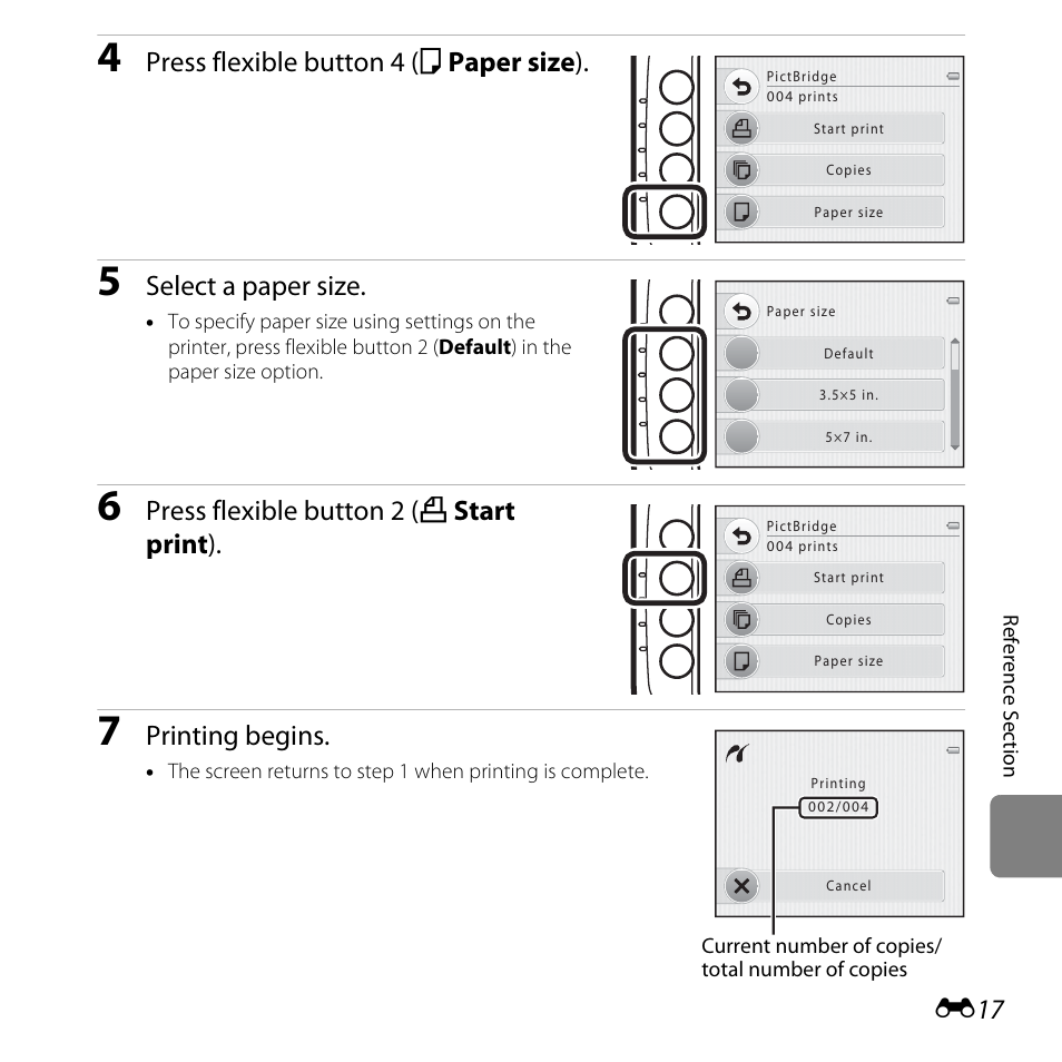 Press flexible button 4 (c paper size ), Select a paper size, Press flexible button 2 (a start print ) | Printing begins | Nikon Coolpix S30 User Manual | Page 123 / 194