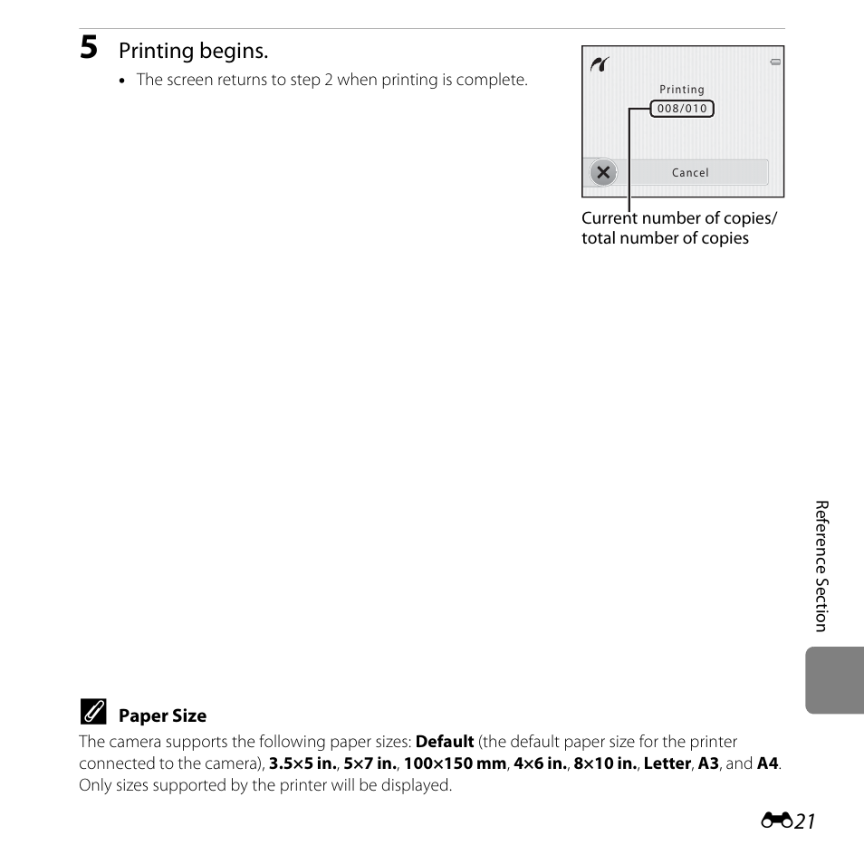 Printing begins | Nikon Coolpix S30 User Manual | Page 127 / 194