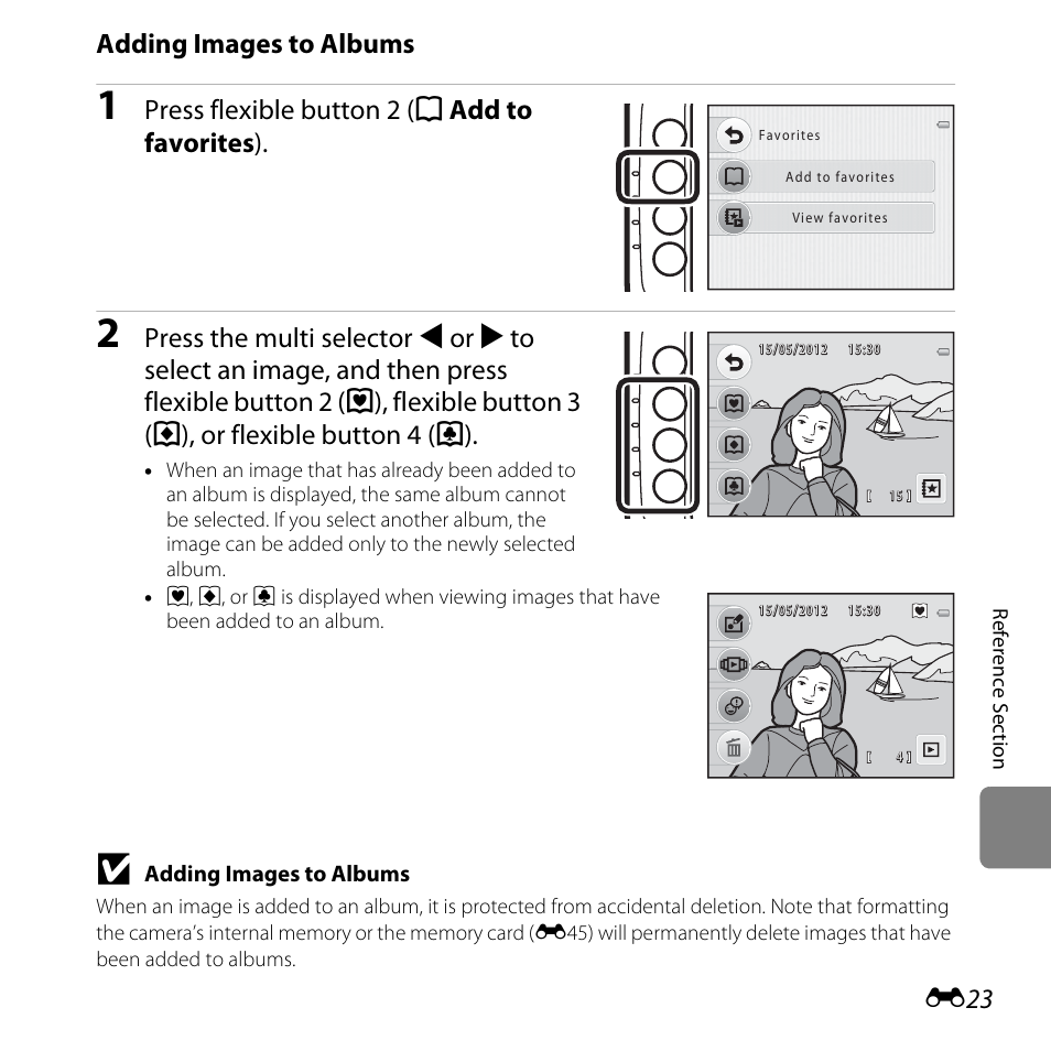 E23) is ed, Adding images to albums, Press flexible button 2 (u add to favorites ) | Nikon Coolpix S30 User Manual | Page 129 / 194