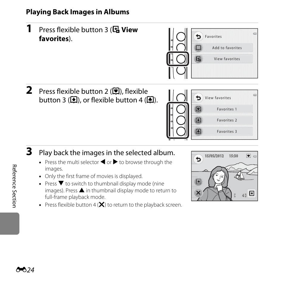 E24), Playing back images in albums, Press flexible button 3 (r view favorites ) | Play back the images in the selected album | Nikon Coolpix S30 User Manual | Page 130 / 194