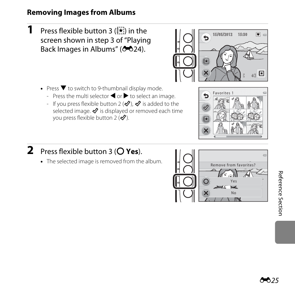 Removing images from albums, Press flexible button 3 (r yes ) | Nikon Coolpix S30 User Manual | Page 131 / 194