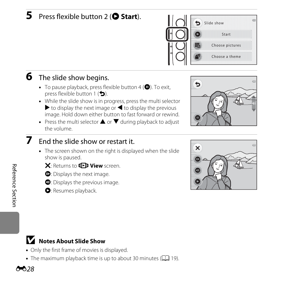 Press flexible button 2 (a start ), The slide show begins, End the slide show or restart it | Nikon Coolpix S30 User Manual | Page 134 / 194