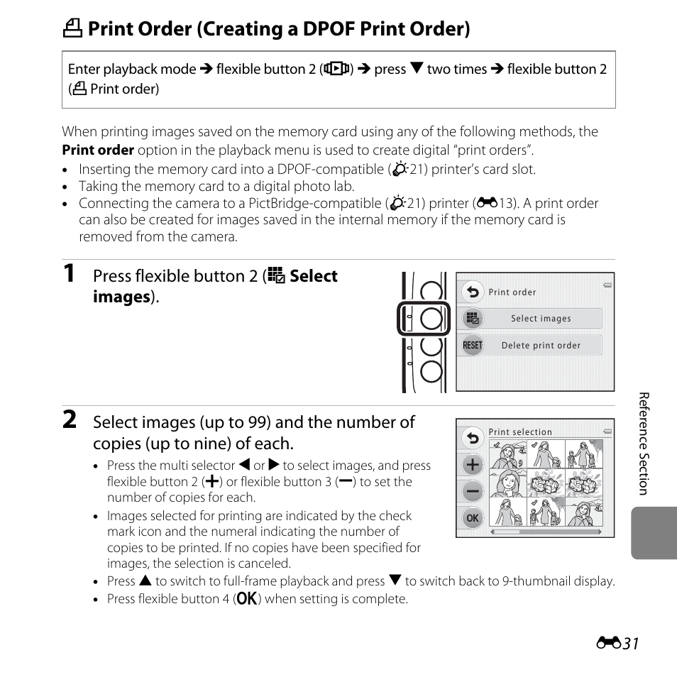 Print order (creating a dpof print order), A print order (creating a dpof print order), E31) | Press flexible button 2 (o select images ) | Nikon Coolpix S30 User Manual | Page 137 / 194