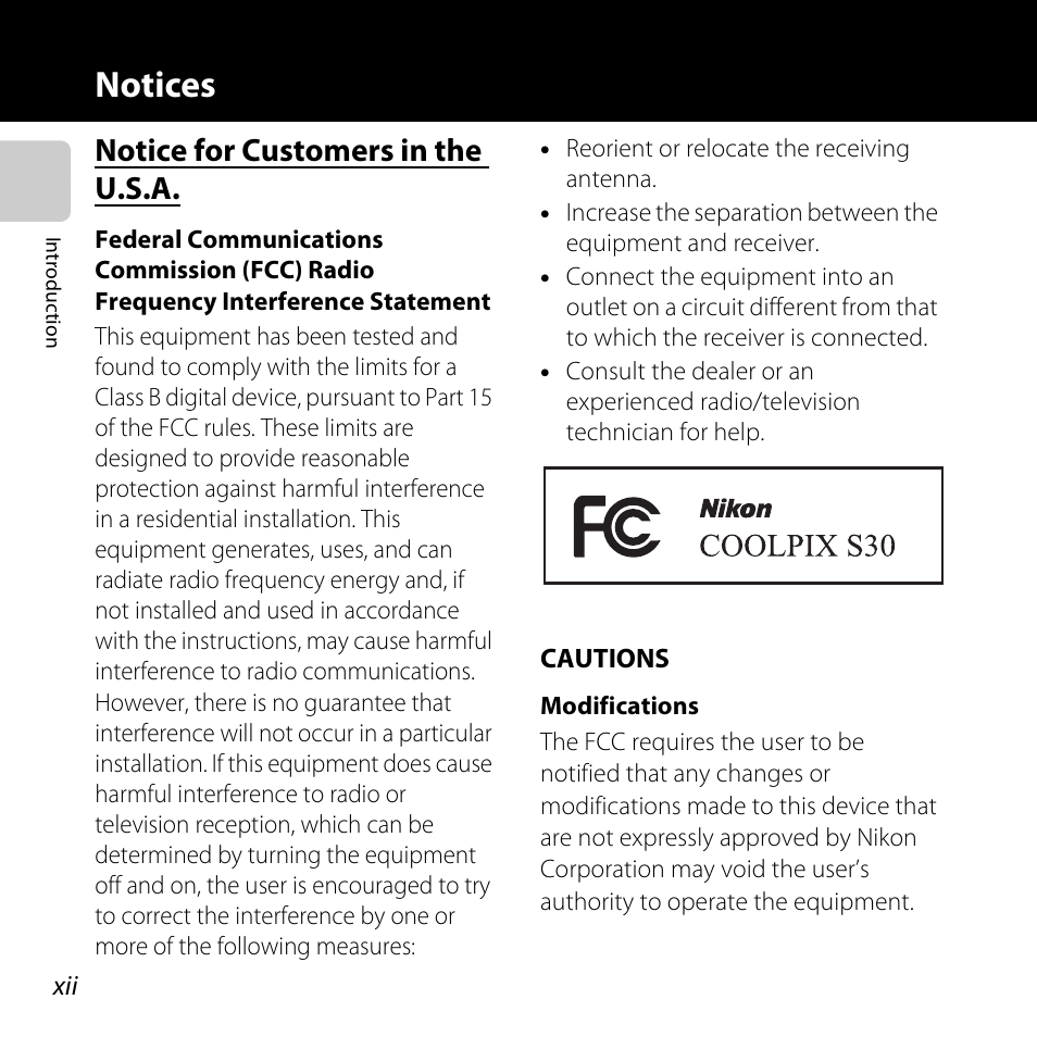 Notices, Notice for customers in the u.s.a | Nikon Coolpix S30 User Manual | Page 14 / 194