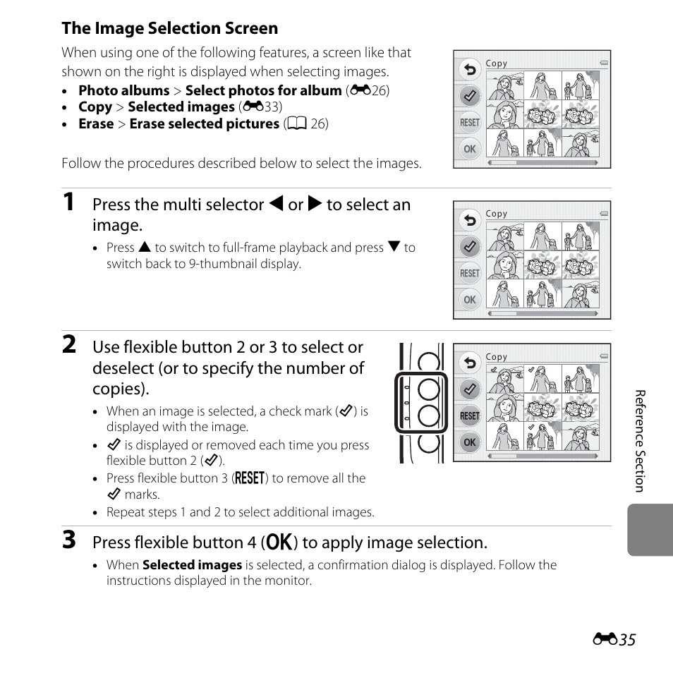 The image selection screen, Press the multi selector j or k to select an image | Nikon Coolpix S30 User Manual | Page 141 / 194