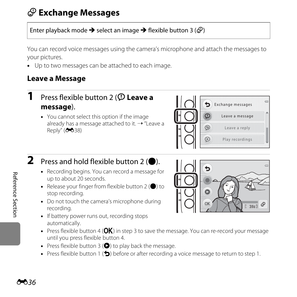 Exchange messages, E exchange messages, Leave a message | Press flexible button 2 (i leave a message ), Press and hold flexible button 2 (b) | Nikon Coolpix S30 User Manual | Page 142 / 194