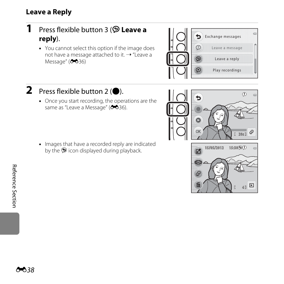 Leave a reply, Press flexible button 3 (j leave a reply ), Press flexible button 2 (b) | Nikon Coolpix S30 User Manual | Page 144 / 194