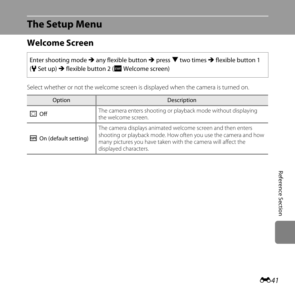 The setup menu, Welcome screen, The setup menu” in the re | E41) | Nikon Coolpix S30 User Manual | Page 147 / 194