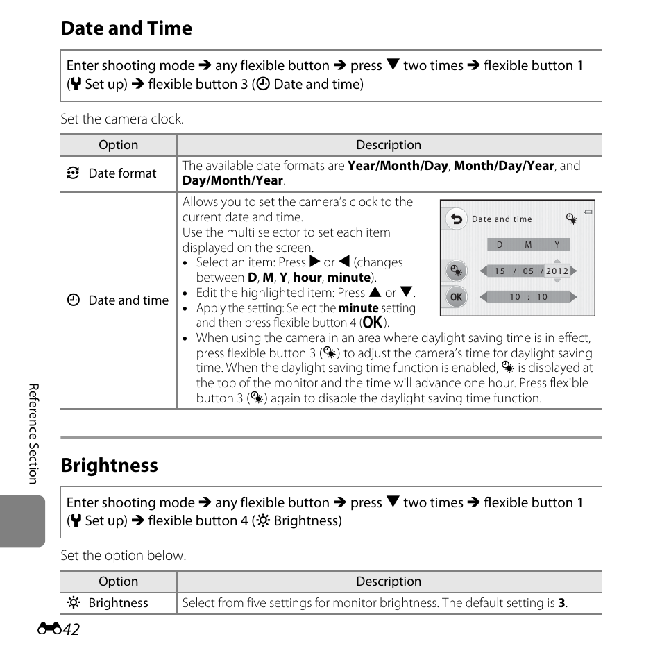 Date and time, Brightness, E42) settin | E42) i, E42) | Nikon Coolpix S30 User Manual | Page 148 / 194