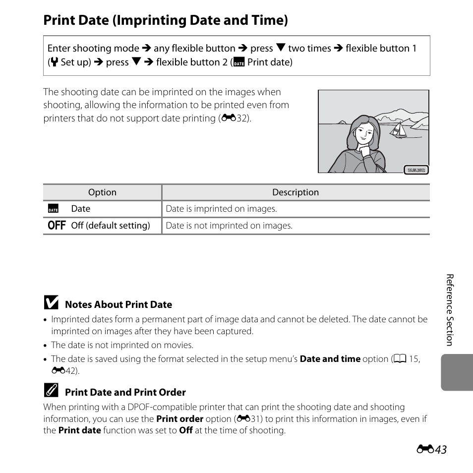 Print date (imprinting date and time), E43) in, E43) i | Nikon Coolpix S30 User Manual | Page 149 / 194