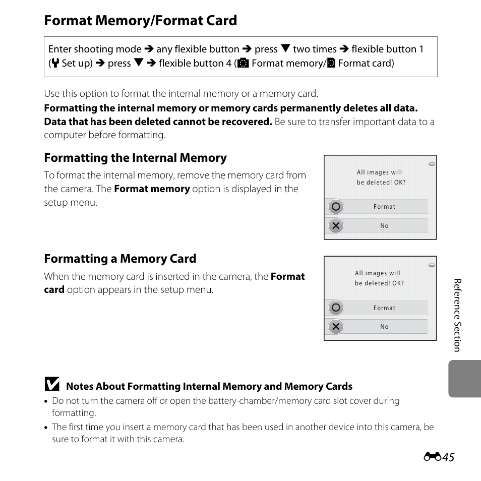 Format memory/format card, E45) in | Nikon Coolpix S30 User Manual | Page 151 / 194