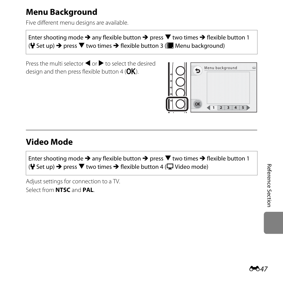 Menu background, Video mode | Nikon Coolpix S30 User Manual | Page 153 / 194