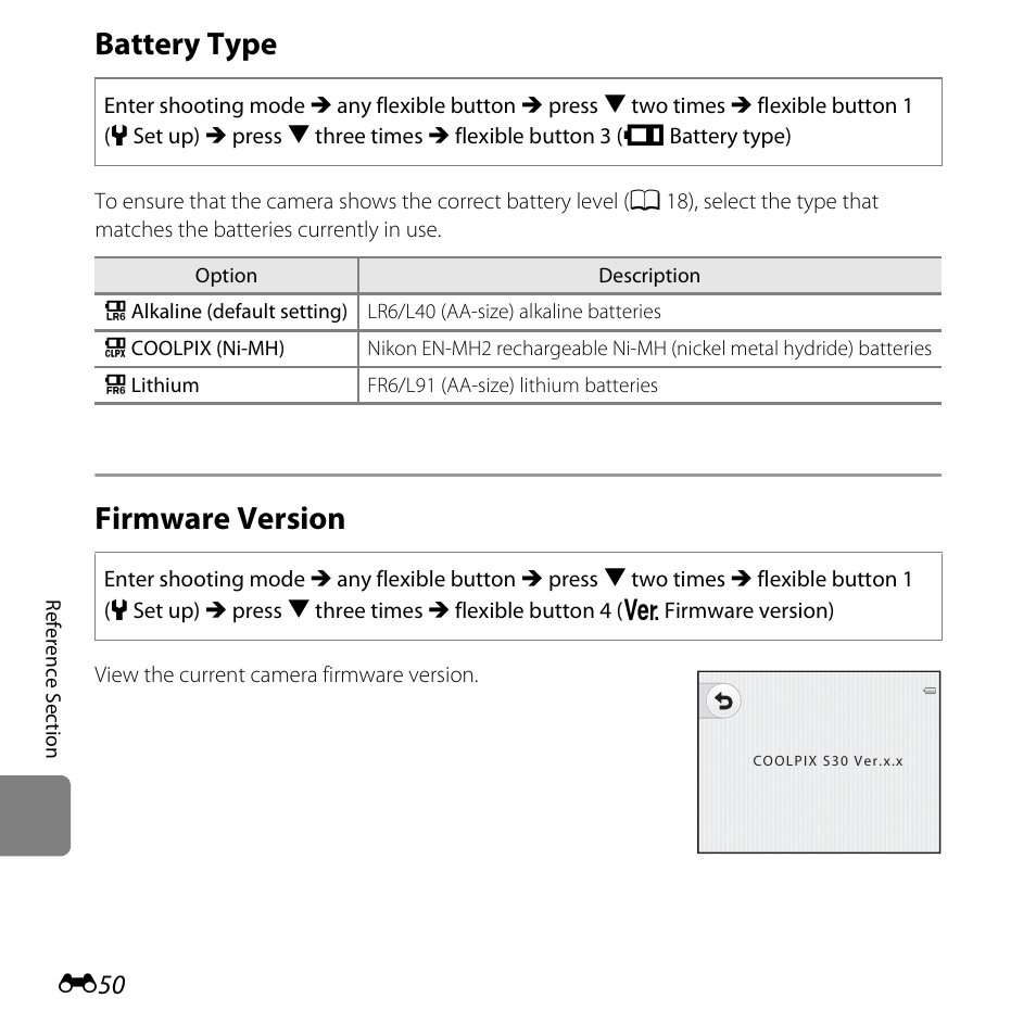 Battery type, Firmware version, E50) | Nikon Coolpix S30 User Manual | Page 156 / 194