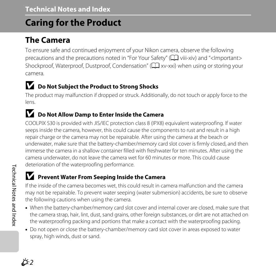 Caring for the product, The camera | Nikon Coolpix S30 User Manual | Page 166 / 194