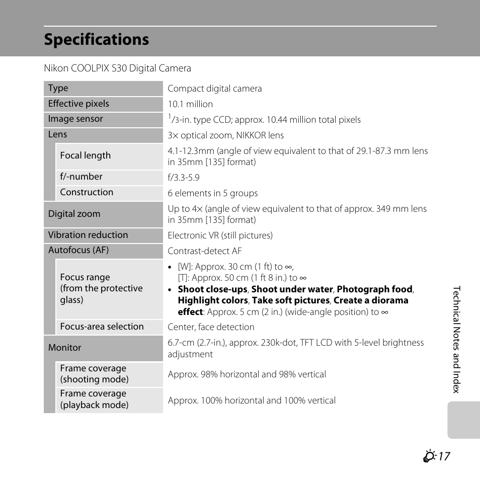 Specifications, F 17 | Nikon Coolpix S30 User Manual | Page 181 / 194