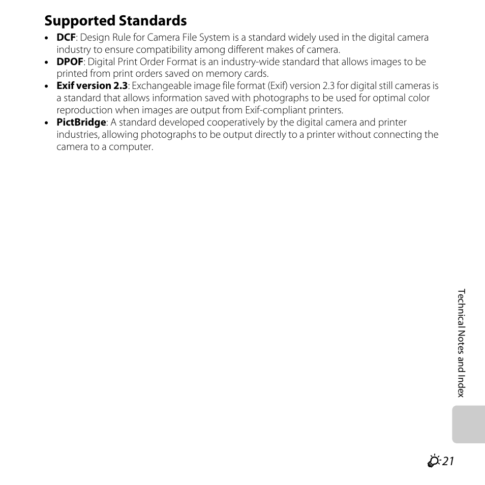 Supported standards, Ompatible, F21) printers ca | F21) that suppor | Nikon Coolpix S30 User Manual | Page 185 / 194