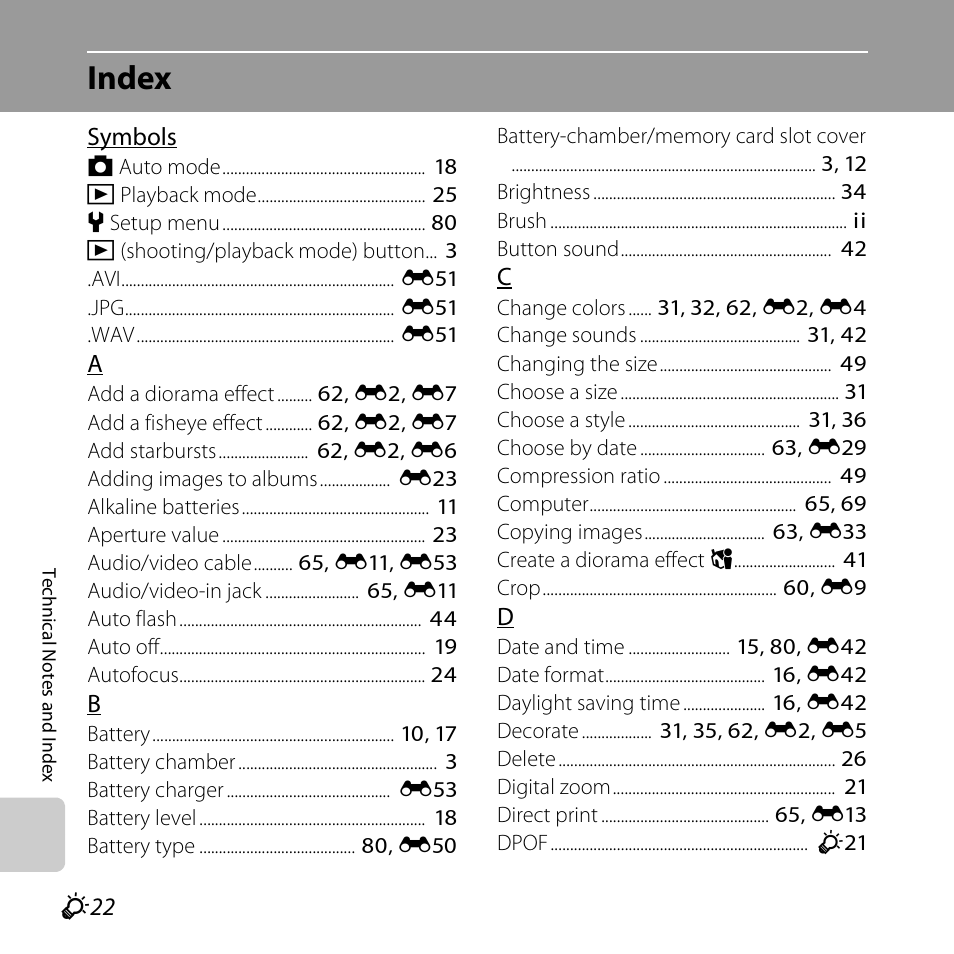 Index, F 22 | Nikon Coolpix S30 User Manual | Page 186 / 194