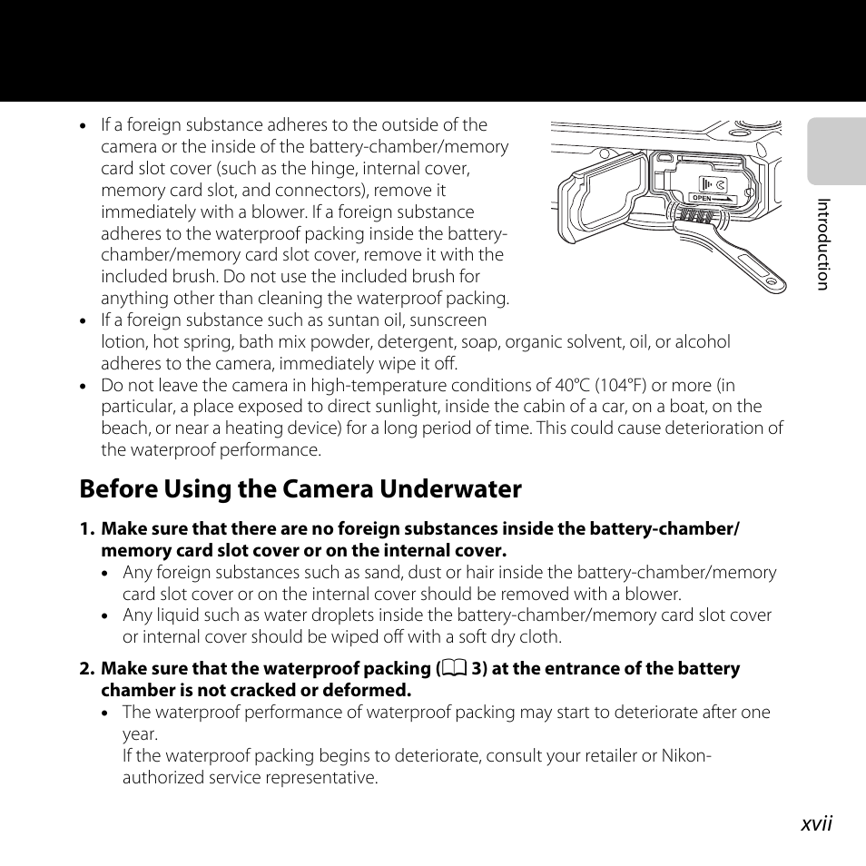 Before using the camera underwater, Xvii | Nikon Coolpix S30 User Manual | Page 19 / 194