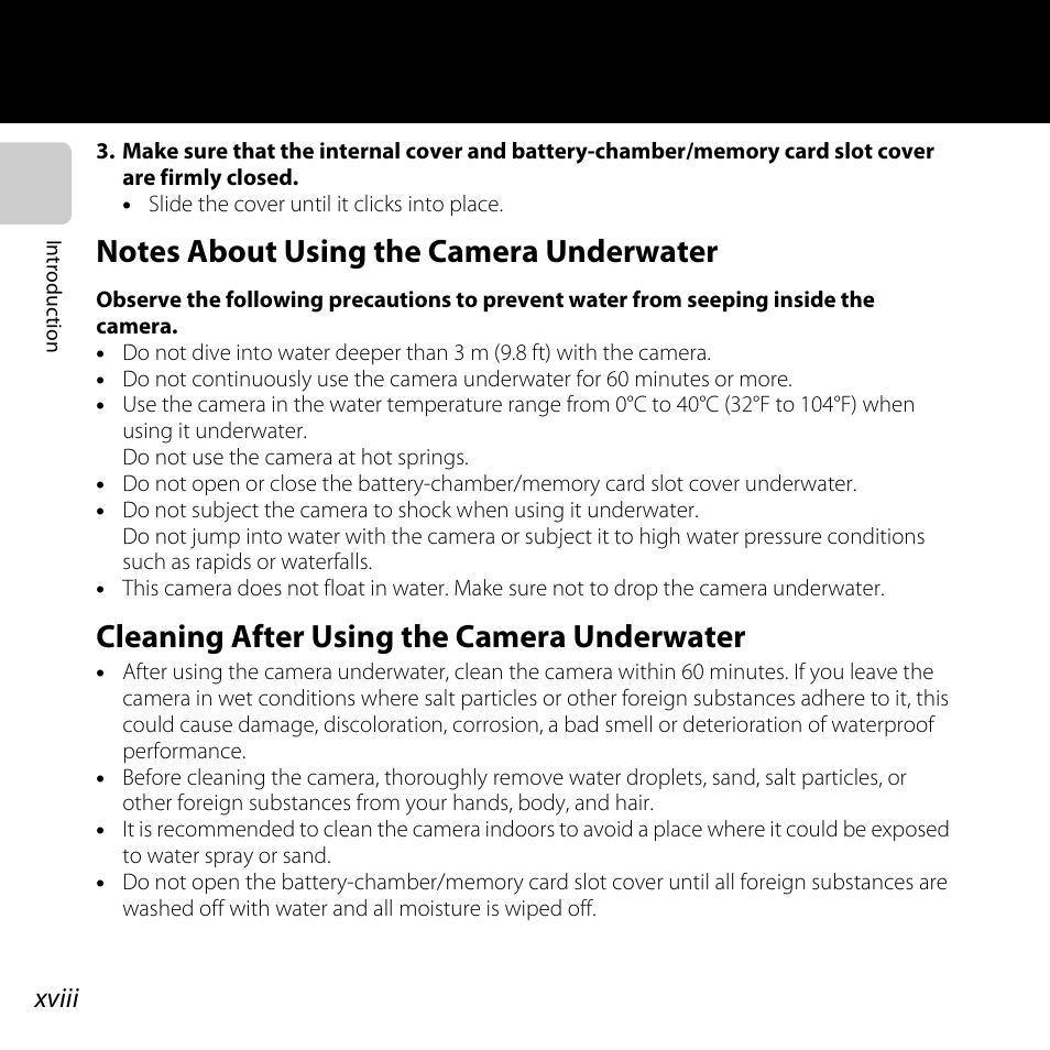 Notes about using the camera underwater, Cleaning after using the camera underwater | Nikon Coolpix S30 User Manual | Page 20 / 194