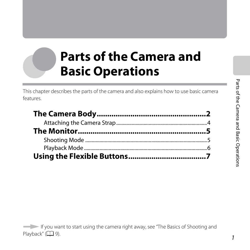 Parts of the camera and basic operations, E “parts of the camera and basic operations, A 1) | The camera body, The monitor, Using the flexible buttons | Nikon Coolpix S30 User Manual | Page 27 / 194