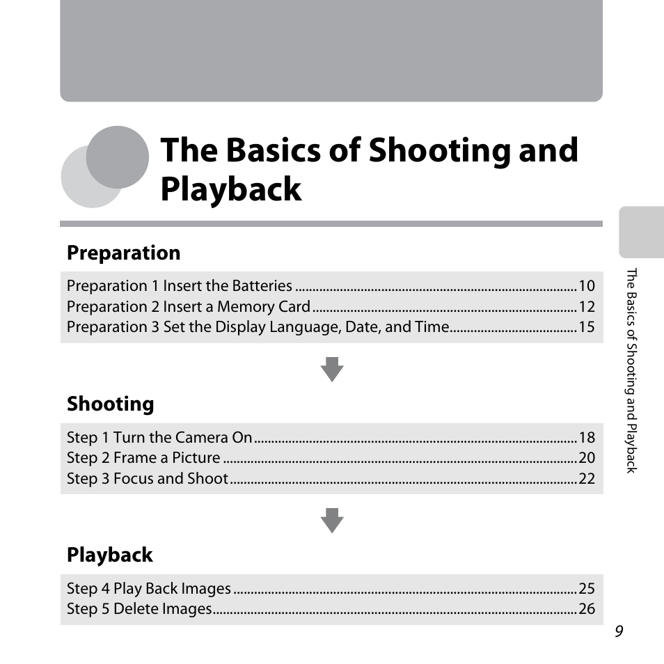 The basics of shooting and playback, A 9), E “the basics of shooting and | Playback, Preparation, Shooting | Nikon Coolpix S30 User Manual | Page 35 / 194