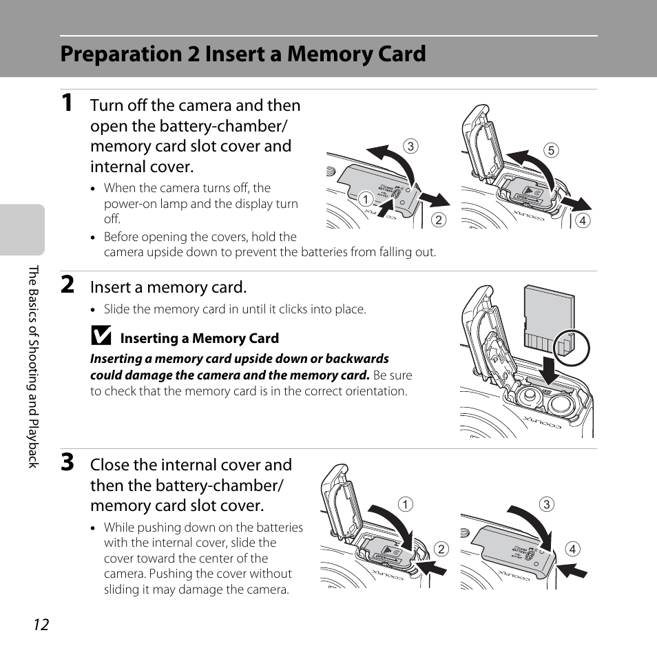 Preparation 2 insert a memory card | Nikon Coolpix S30 User Manual | Page 38 / 194