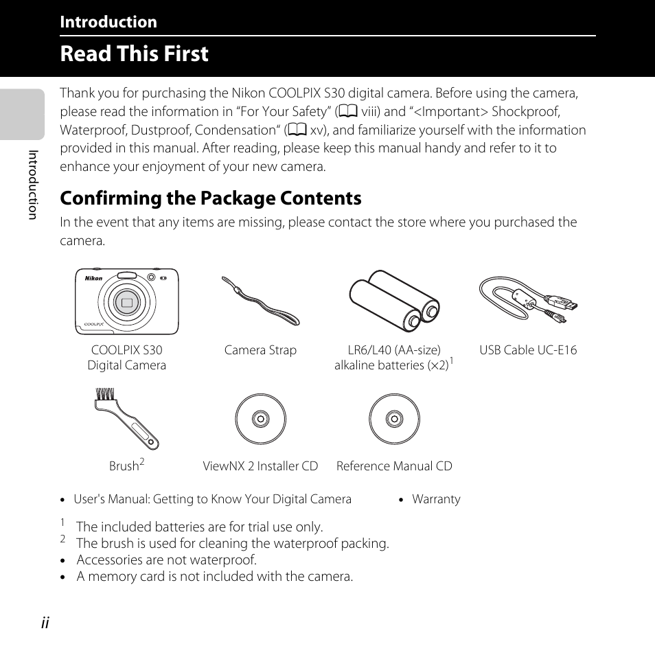 Introduction, Read this first, Confirming the package contents | Nikon Coolpix S30 User Manual | Page 4 / 194