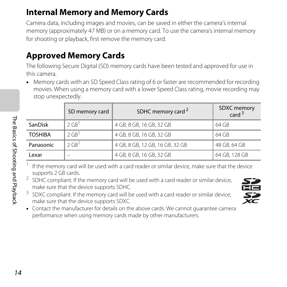 Internal memory and memory cards, Approved memory cards | Nikon Coolpix S30 User Manual | Page 40 / 194