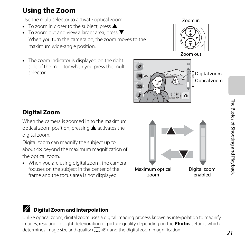 Using the zoom, Digital zoom | Nikon Coolpix S30 User Manual | Page 47 / 194