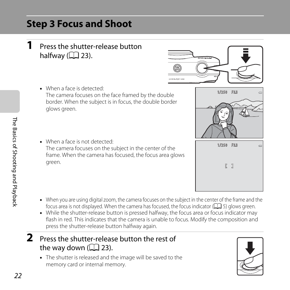 Step 3 focus and shoot, Press the shutter-release button halfway ( a 23) | Nikon Coolpix S30 User Manual | Page 48 / 194