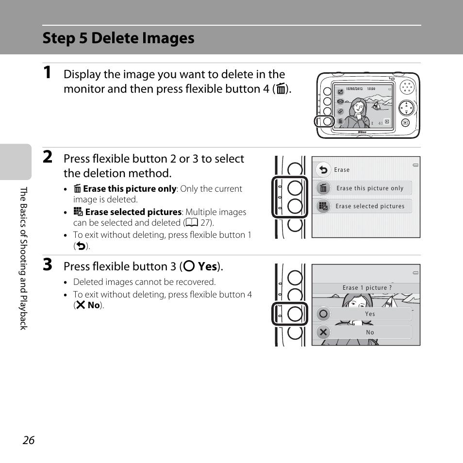 Step 5 delete images, Press flexible button 3 (r yes ) | Nikon Coolpix S30 User Manual | Page 52 / 194