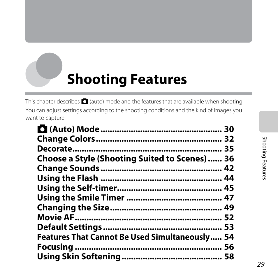 Shooting features | Nikon Coolpix S30 User Manual | Page 55 / 194