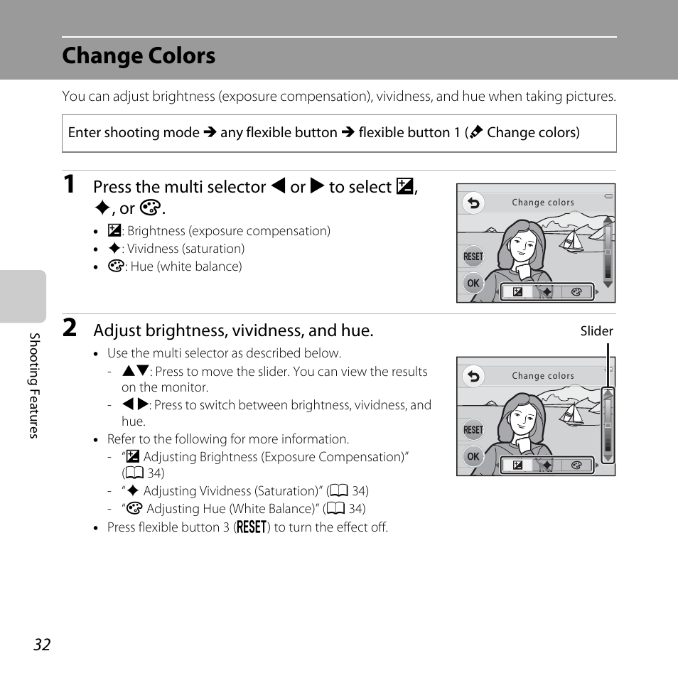 Change colors, Adjust brightness, vividness, and hue | Nikon Coolpix S30 User Manual | Page 58 / 194