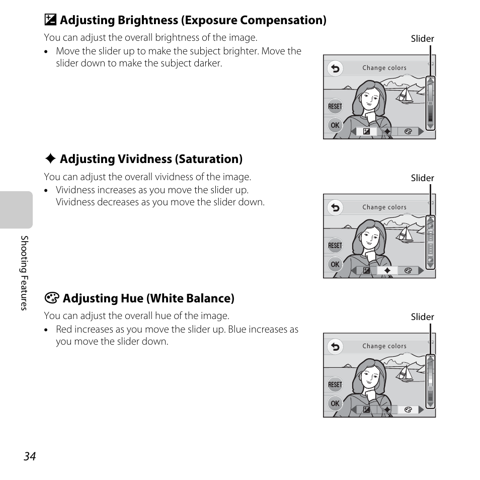 B adjusting brightness (exposure compensation), A 34), C adjusting vividness (saturation) | A 34, E adjusting hue (white balance) | Nikon Coolpix S30 User Manual | Page 60 / 194