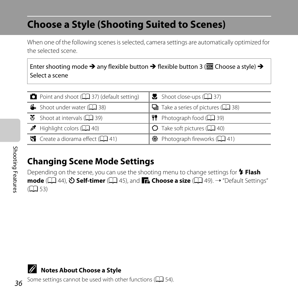 Choose a style (shooting suited to scenes), Changing scene mode settings | Nikon Coolpix S30 User Manual | Page 62 / 194