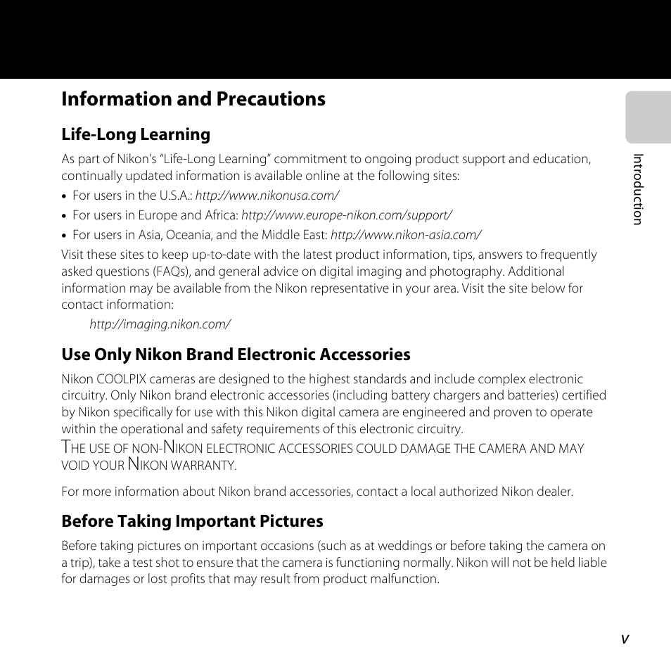 Information and precautions, Life-long learning, Use only nikon brand electronic accessories | Before taking important pictures | Nikon Coolpix S30 User Manual | Page 7 / 194